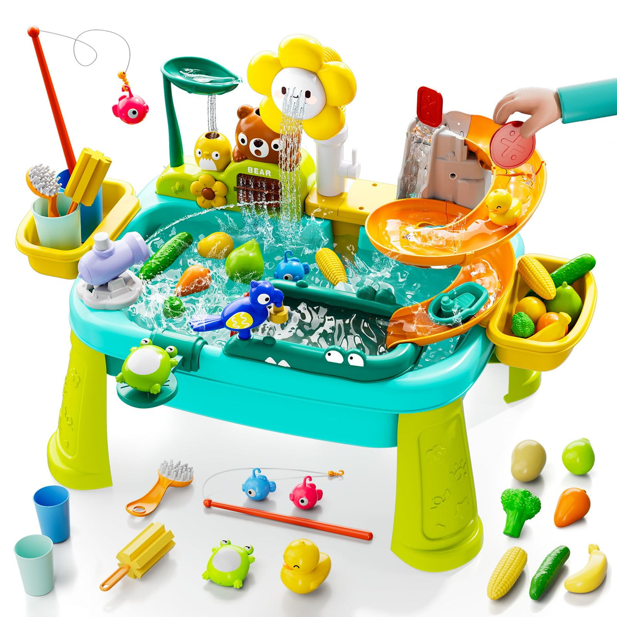 HONEYEAH 4-in-1 play sink with running water in blue for interactive sensory play