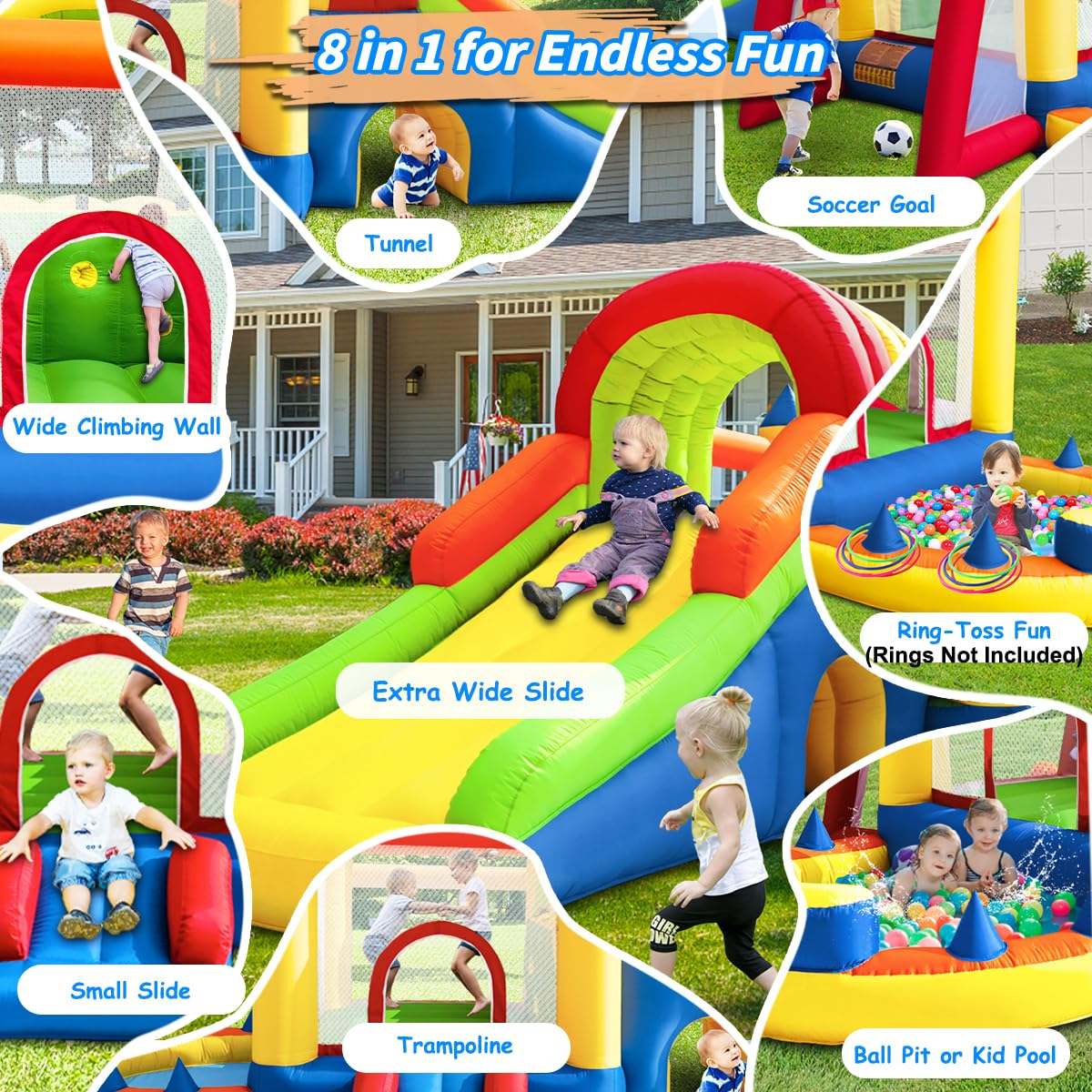 Hongcoral bounce house safety features include mesh walls and sturdy stakes.