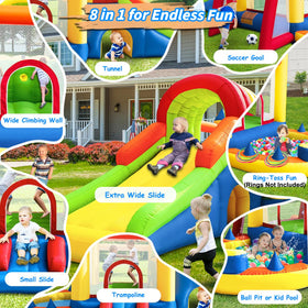 Hongcoral bounce house safety features include mesh walls and sturdy stakes.
