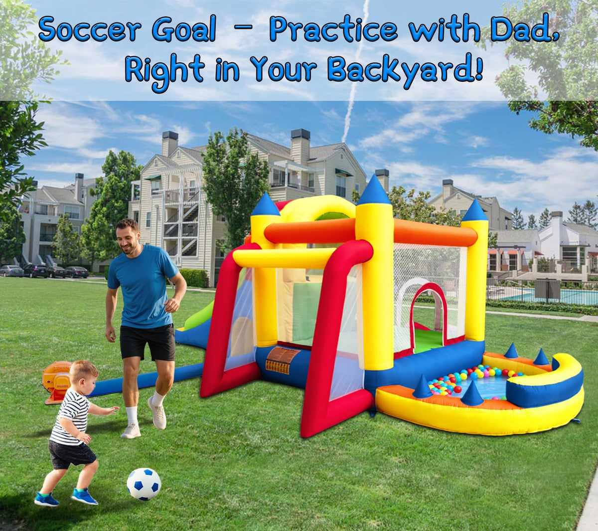 Hongcoral bounce house with built-in soccer goal supports backyard practice.