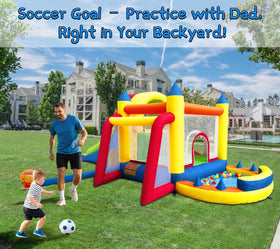 Hongcoral bounce house with built-in soccer goal supports backyard practice.