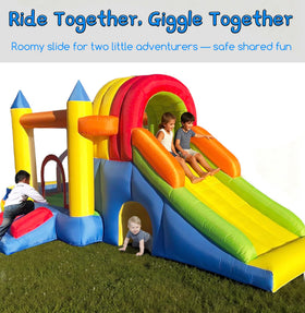 Hongcoral bounce house wide slide for two kids promoting shared fun outdoors.