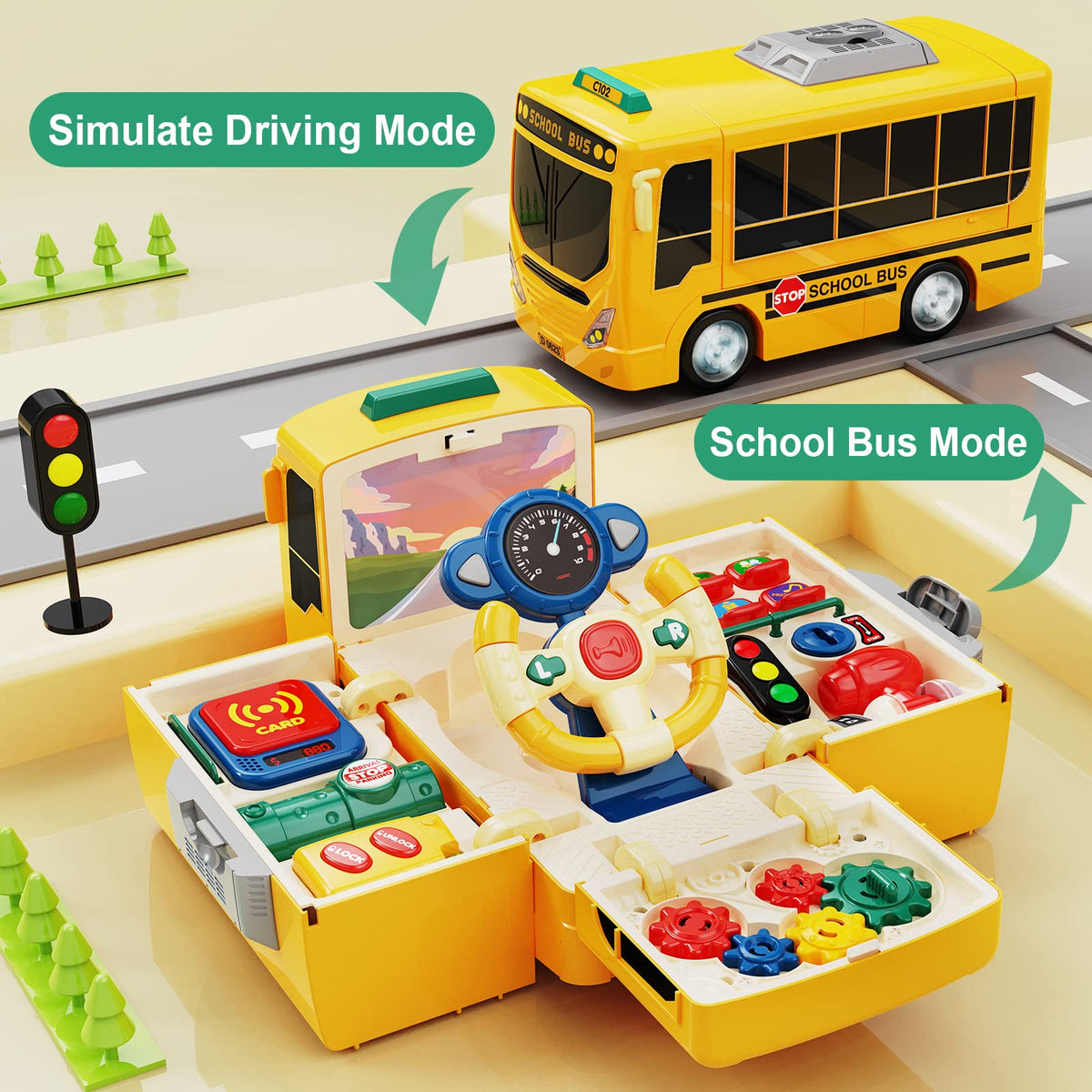 Hongtuo School Bus Toy dashboard buttons spark realistic driving sounds