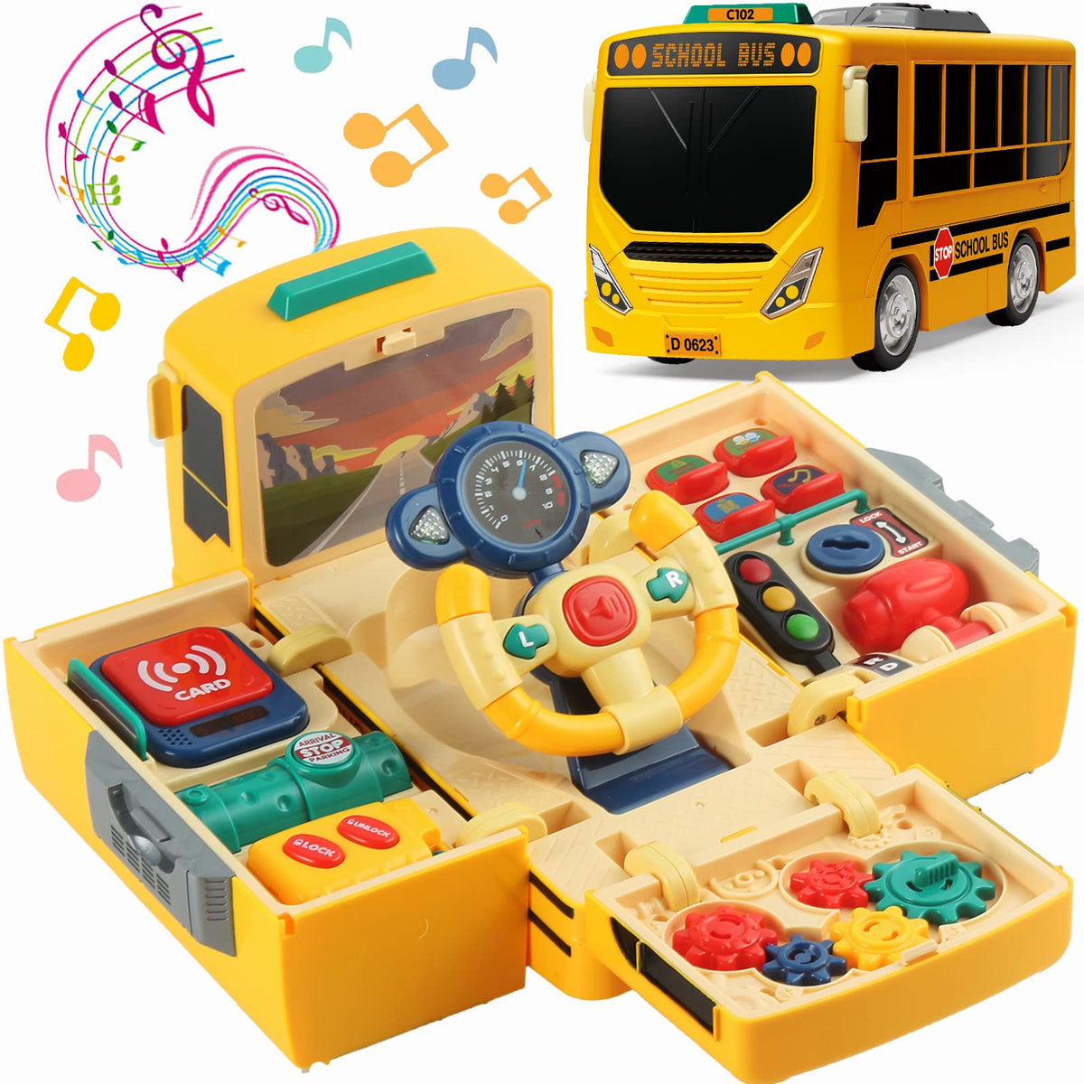 Hongtuo School Bus Toy front view with interactive dashboard and steering wheel