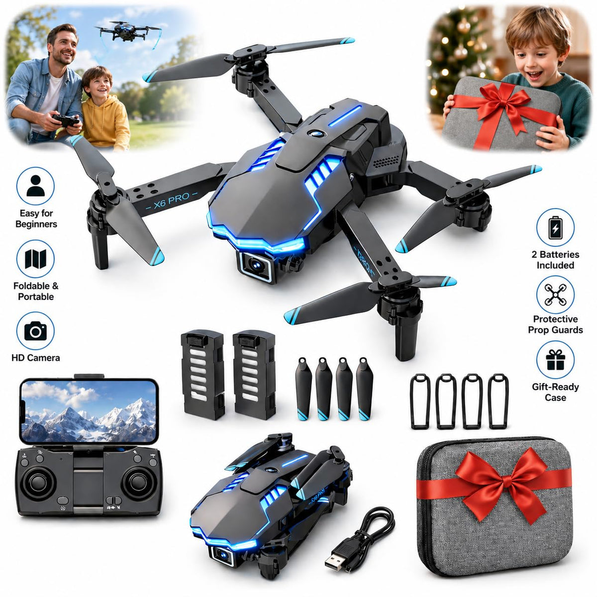HONIVON drone with two batteries enables longer outdoor flight sessions
