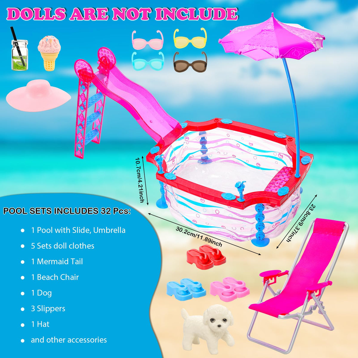 HONLAELLA Glam Pool Playset slide feature fuels doll adventures with splash-ready action.