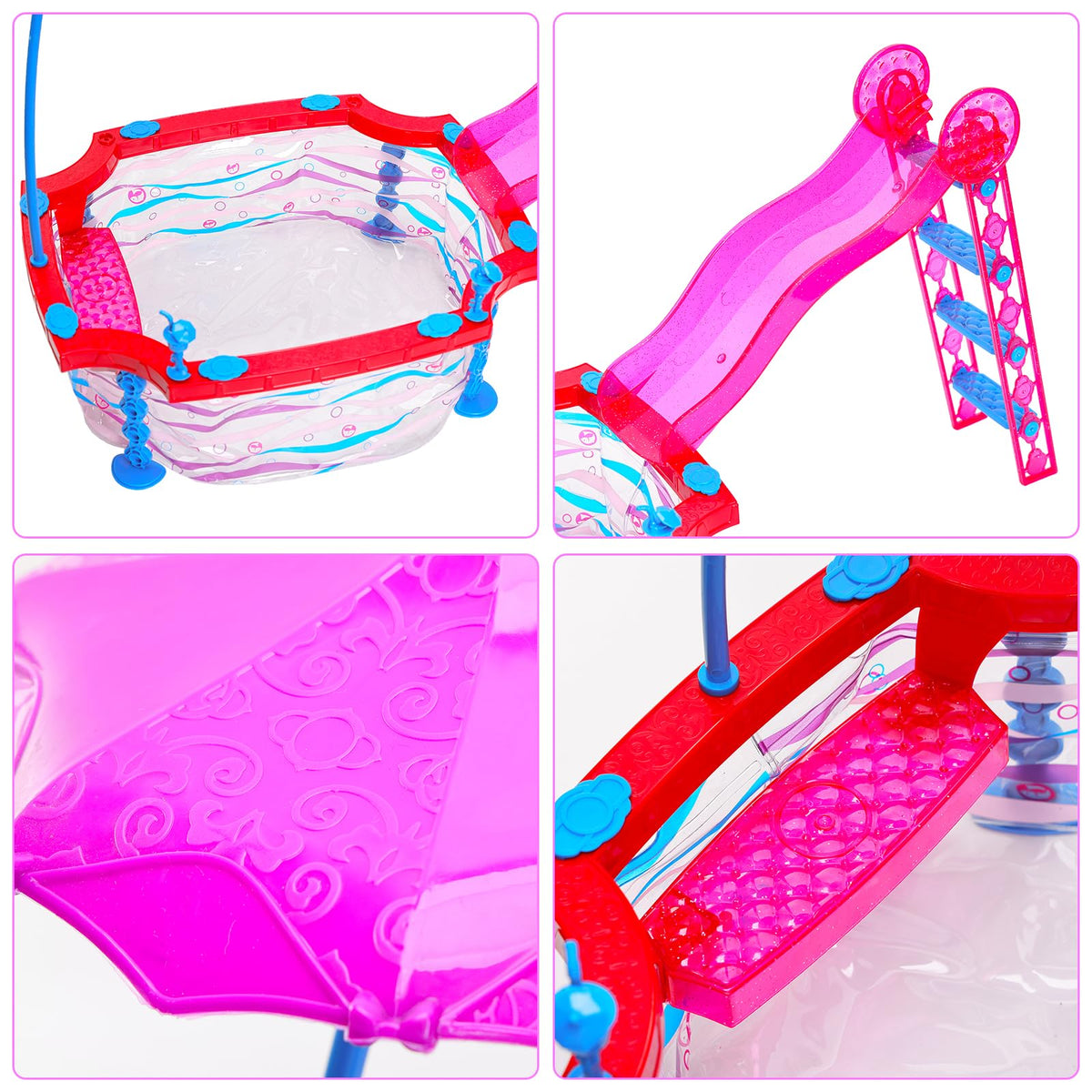 HONLAELLA Glam Pool Playset sunglasses and accessories enhance doll fashion plays.