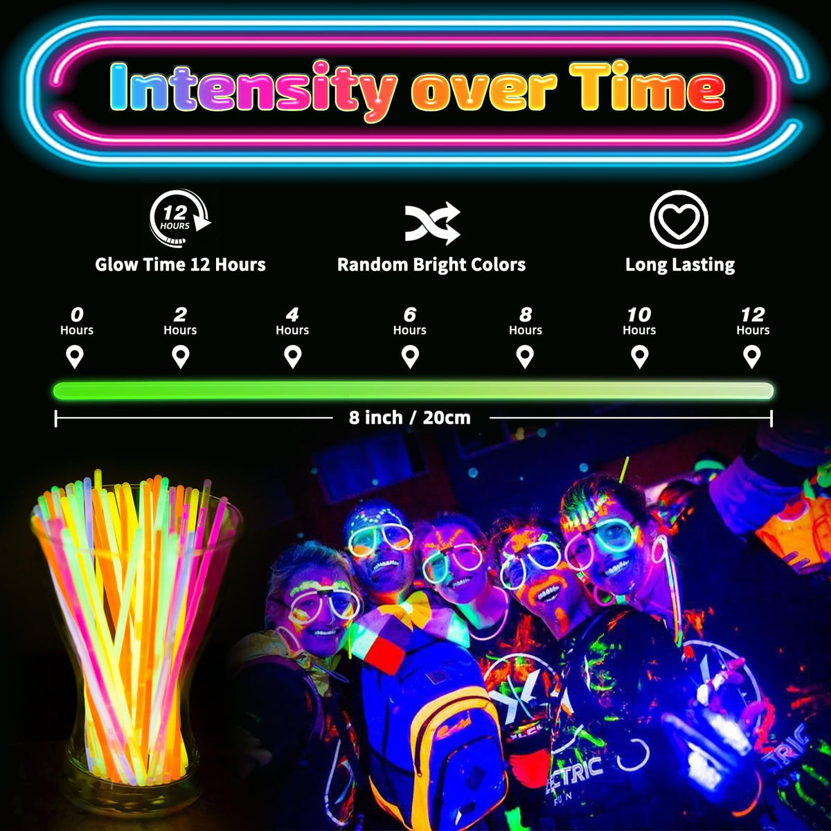 HONLYNE 8inch glow sticks for nighttime celebrations