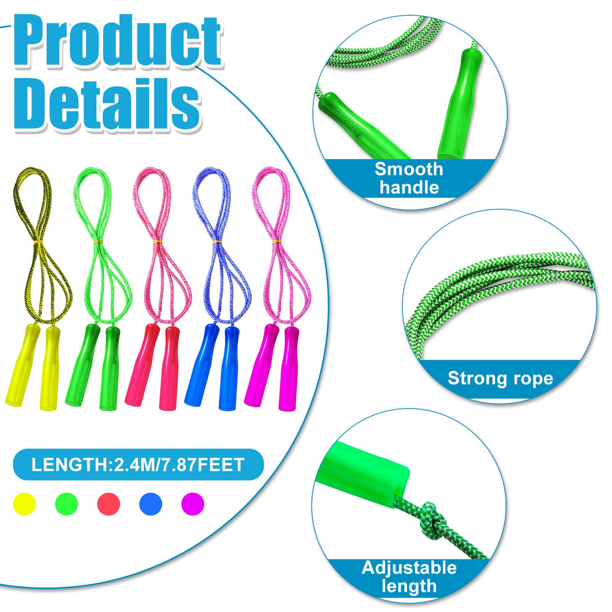 Honoson colorful nylon stripe rope with plastic handles, eye-catching for kids.