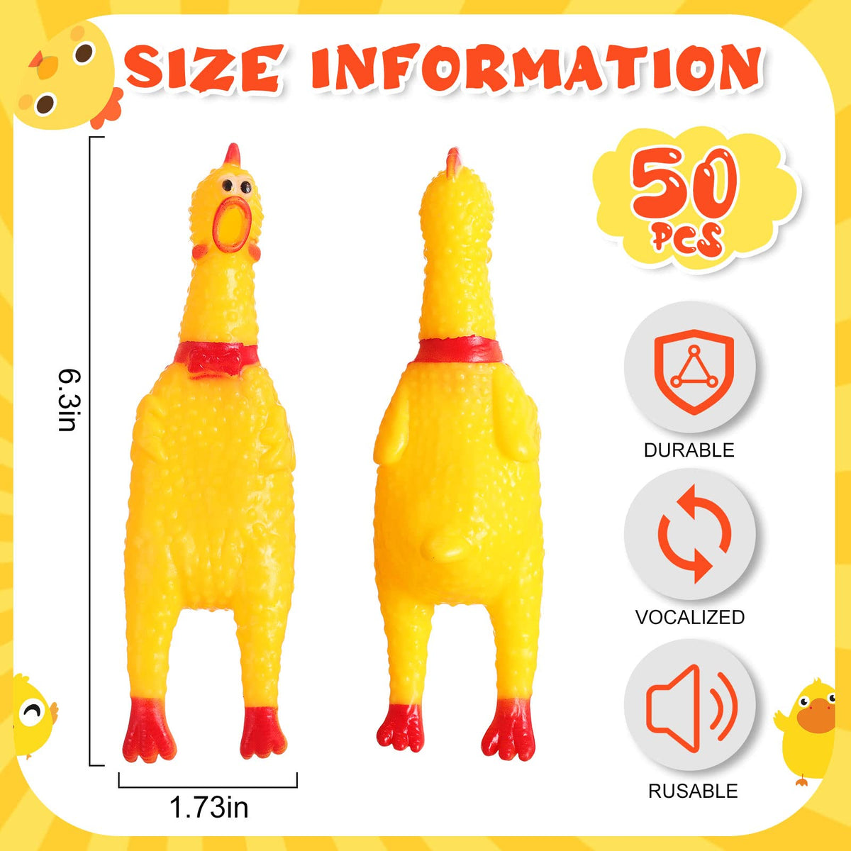 Honoson durable rubber chicken toy for dogs shows long lasting squeeze action.