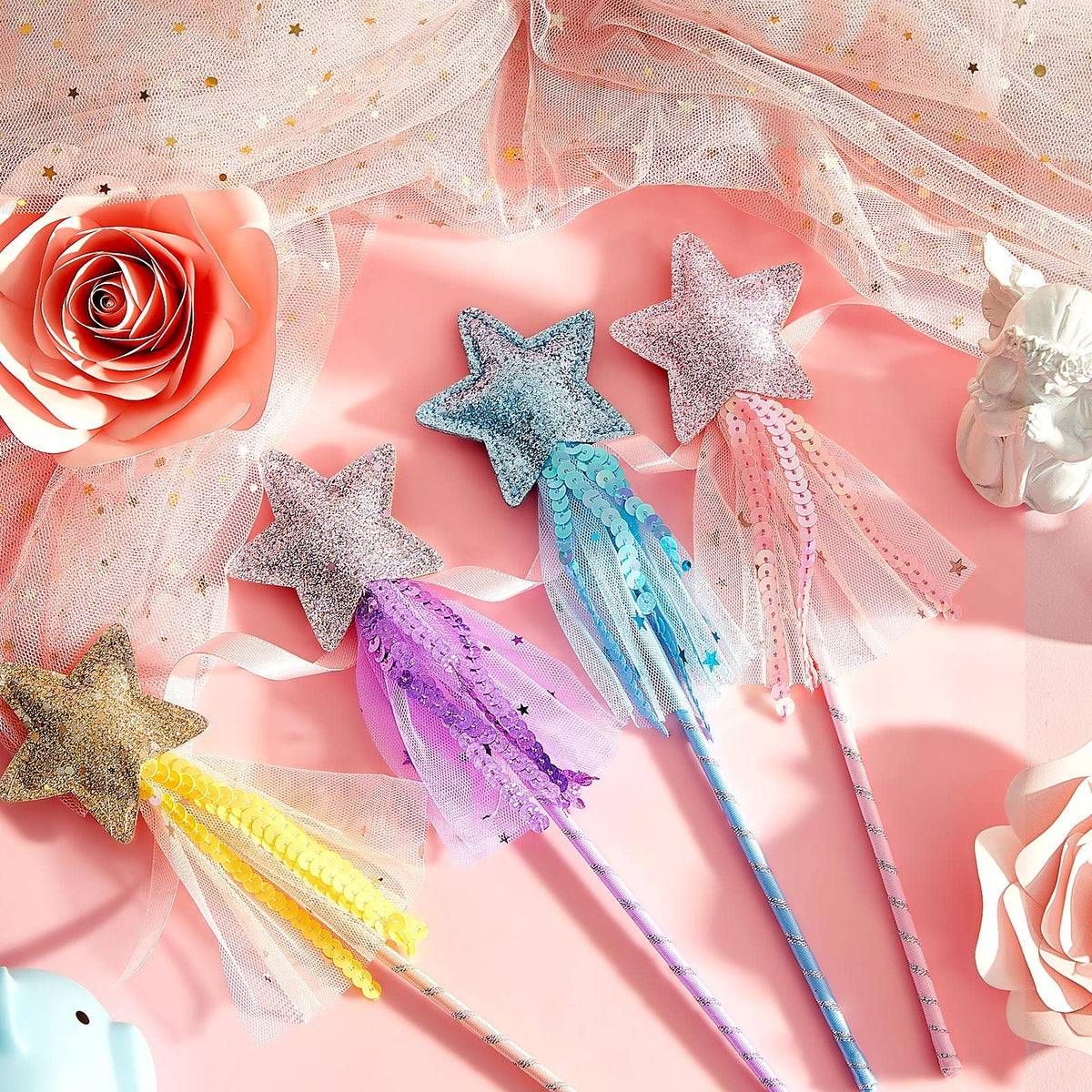 Honoson glitter star wand blue top view, perfect for birthday celebration costumes.