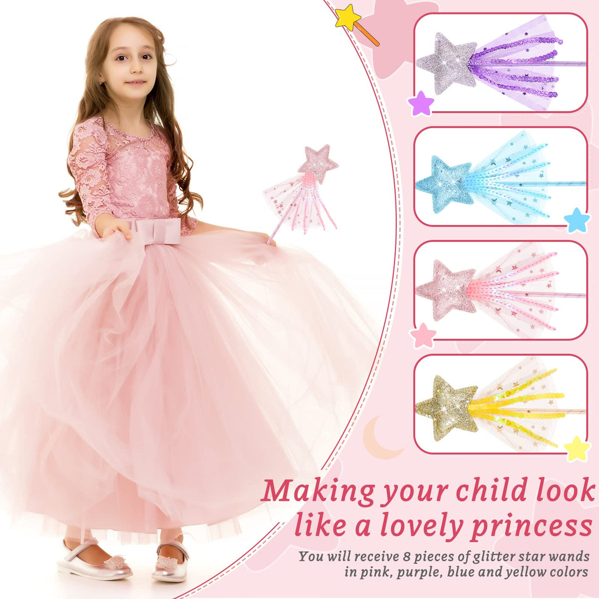 Honoson glitter star wand gold top view, bright sparkle for party favors.