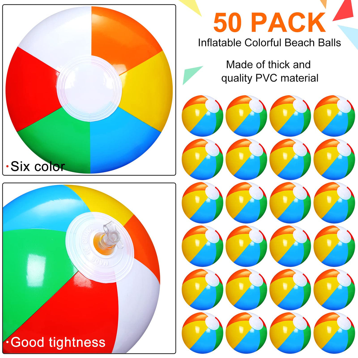 Honoson mini beach ball 50-pack six-color display, vibrant outdoor playtime.