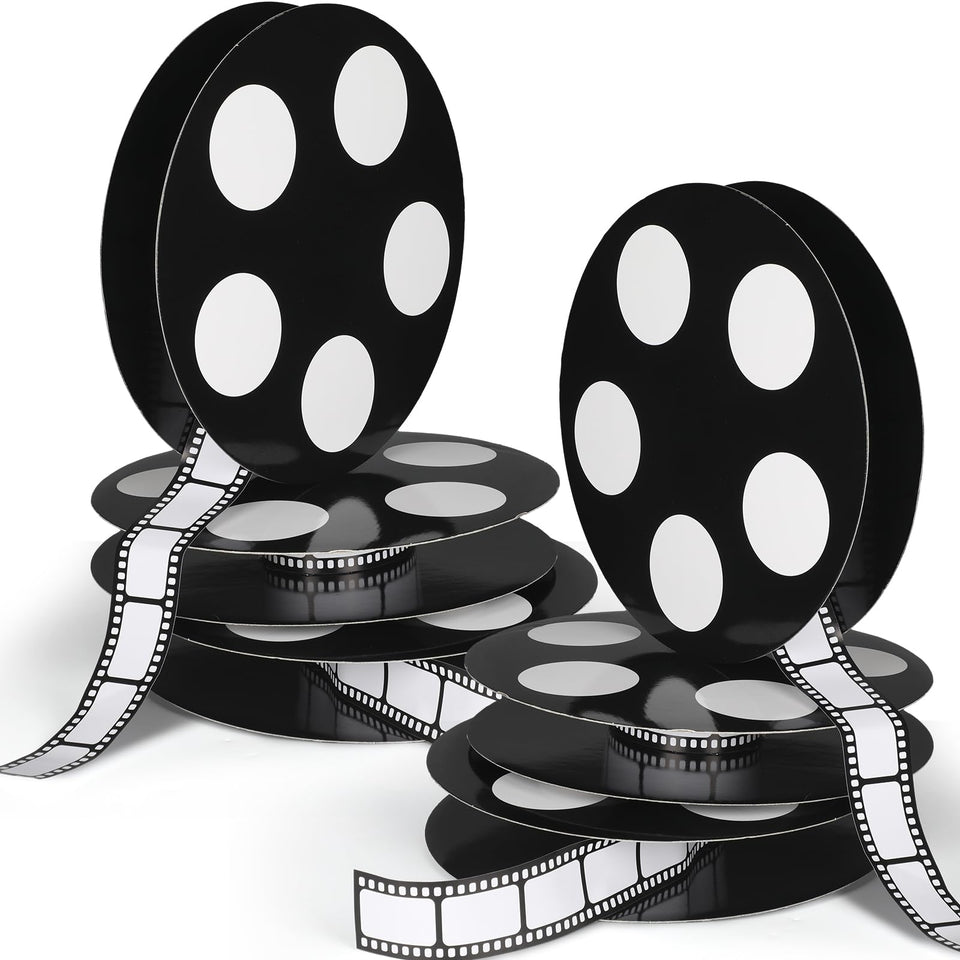 Honoson movie reel centerpiece with filmstrip focus creates a bold party backdrop.