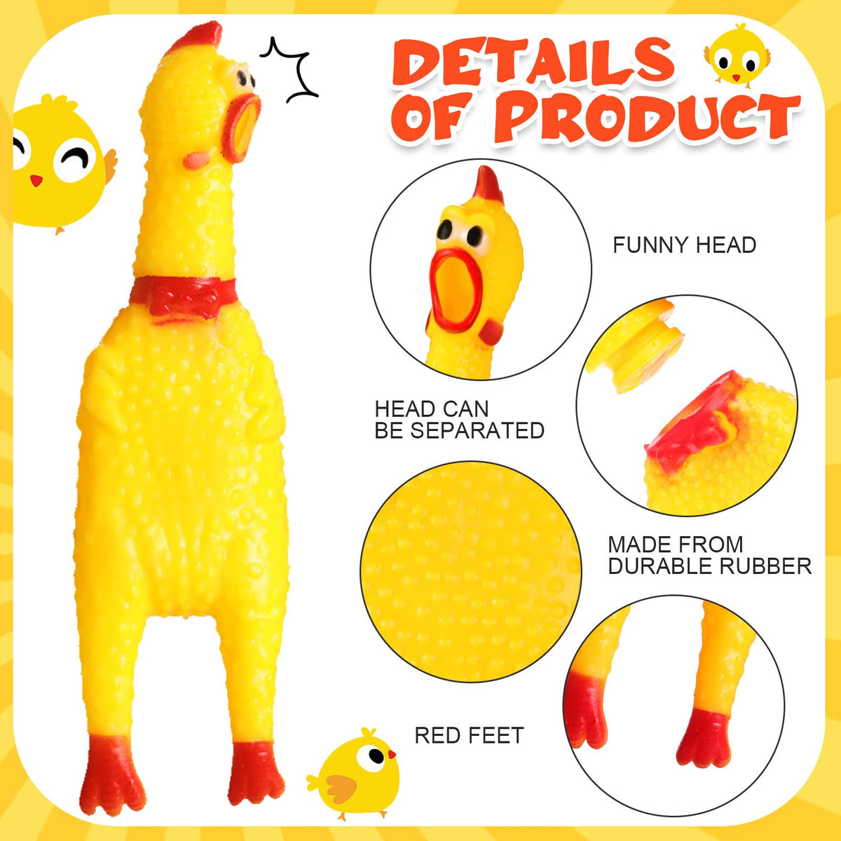 Honoson rubber chicken squeak closeup showcasing durable squeaker ideal for stress relief.