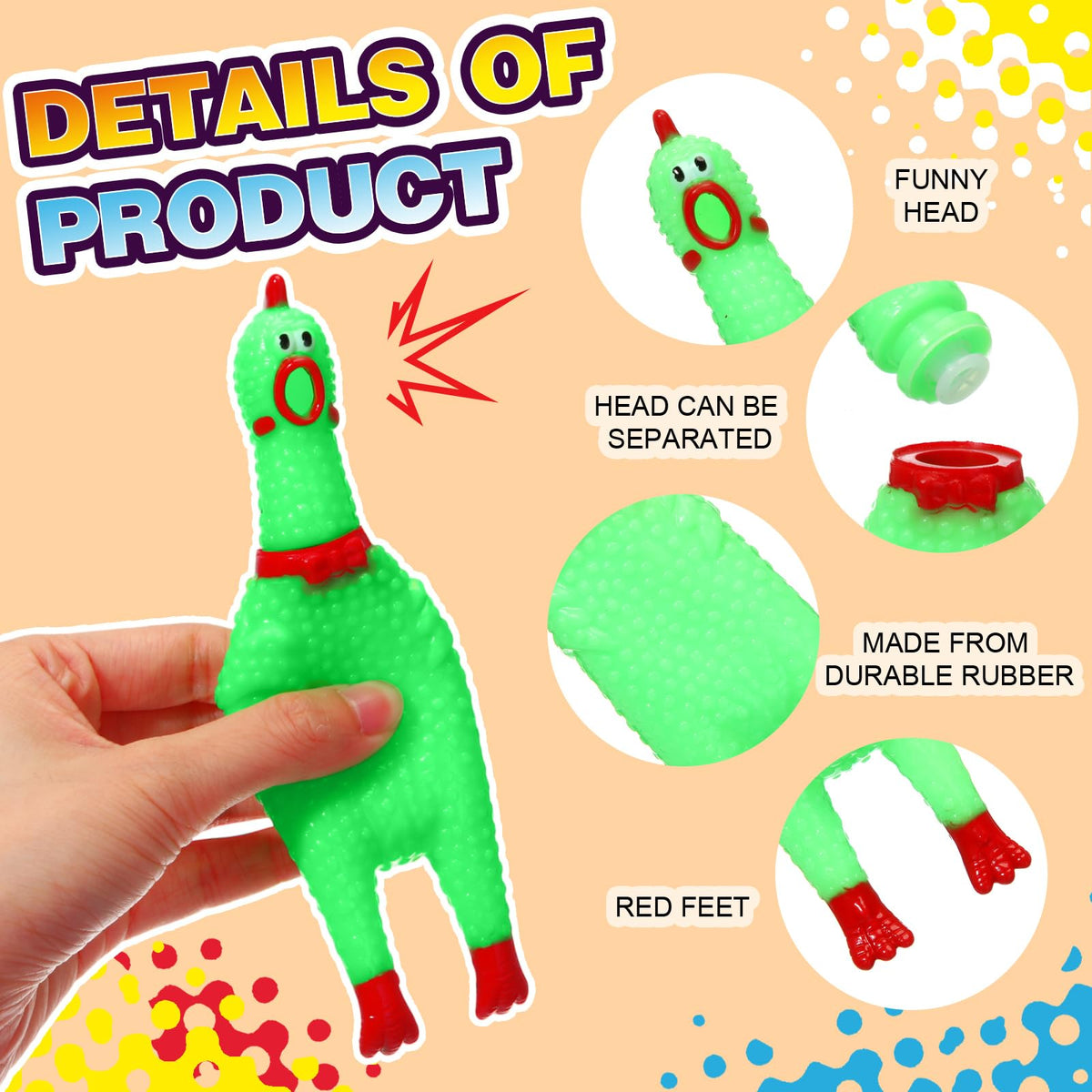Honoson rubber chicken toy side view highlights durable texture for long-lasting fun.
