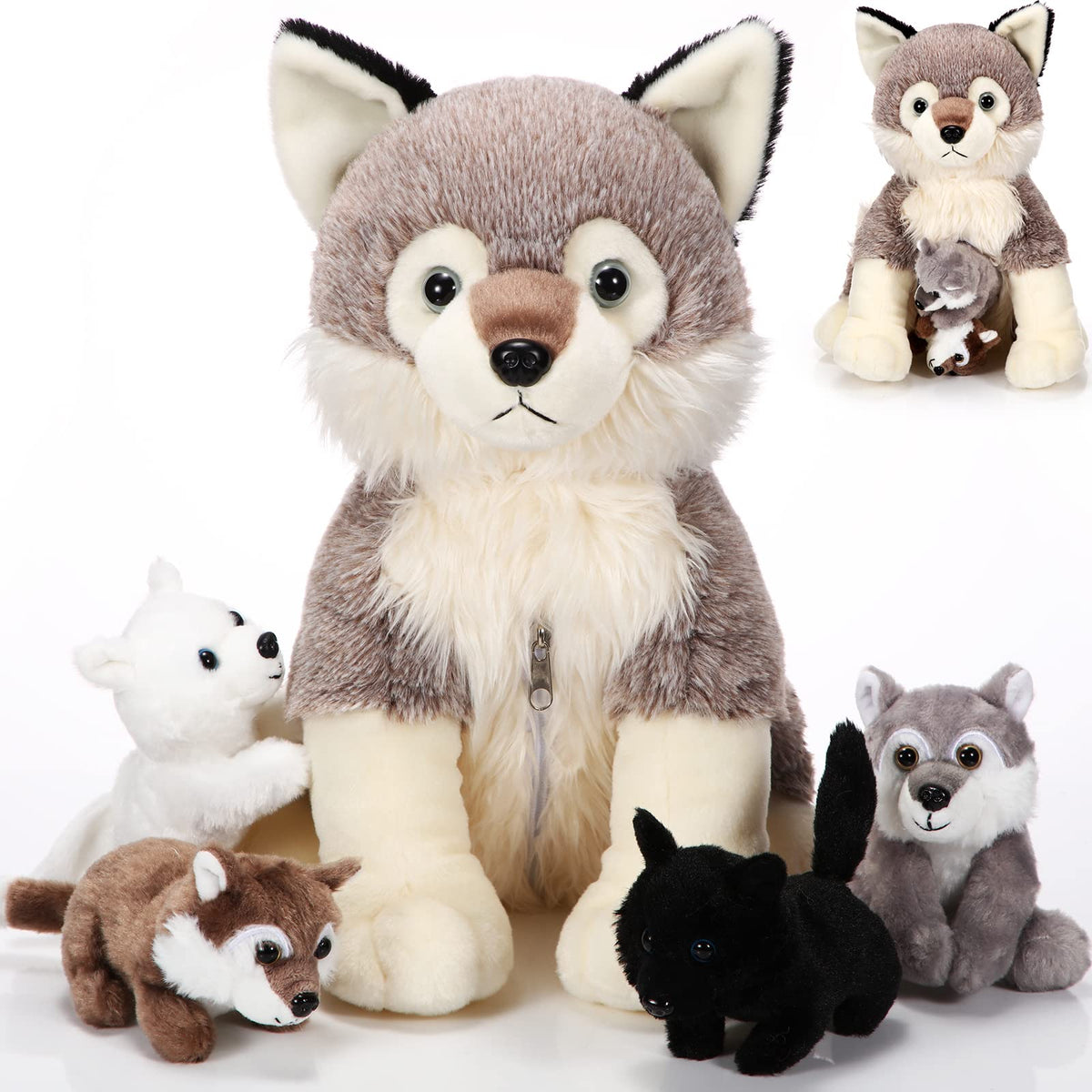 Honoson wolf plush mother with babies; cozy bedtime companion and imaginative playtime