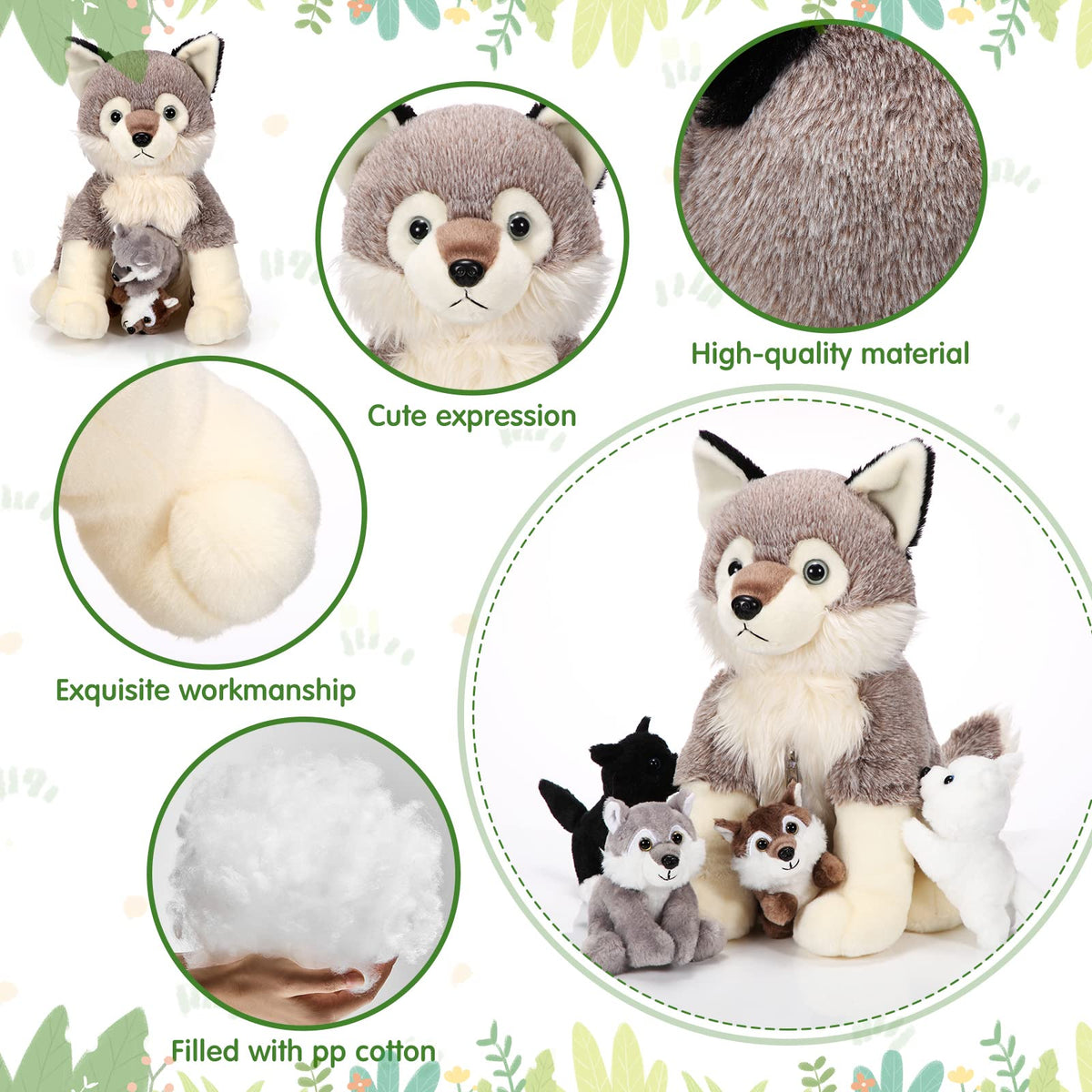 Honoson wolf plush close-up; soft fabric and huggable texture