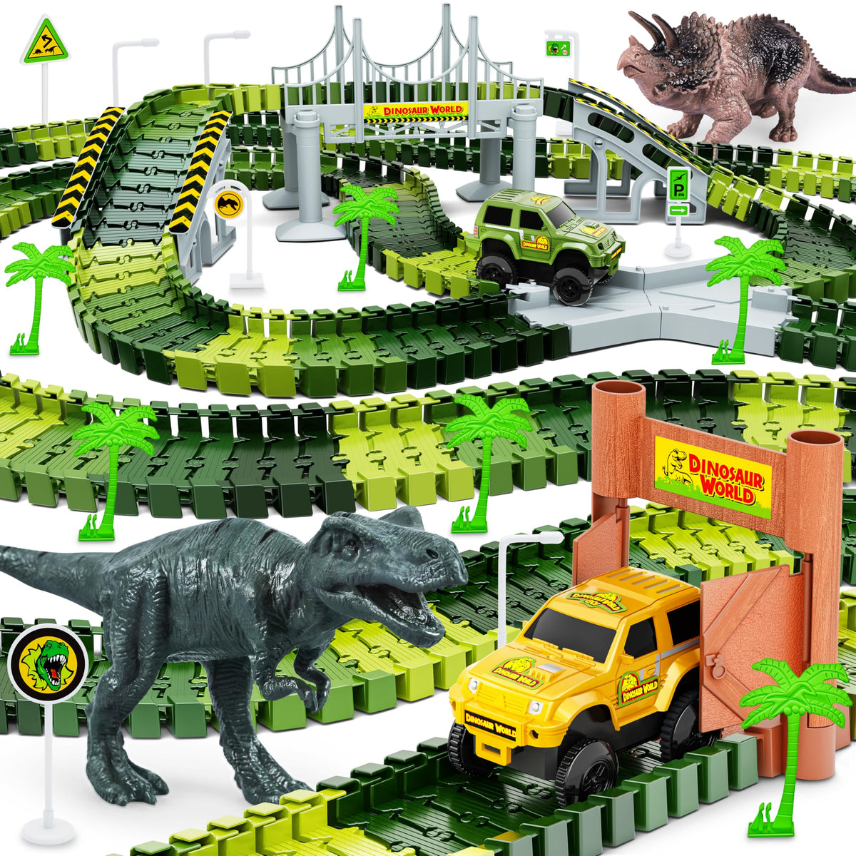 Hony Dinosaur Tracks 271 Pcs assembly set shows flexible track layout for imaginative play.