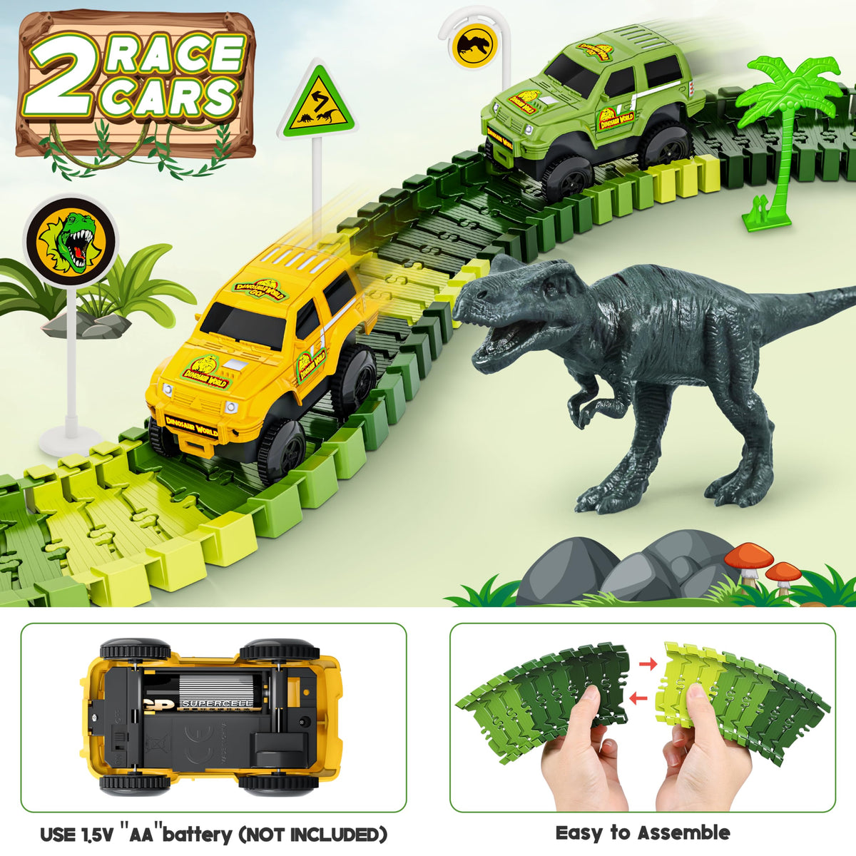 Hony Dinosaur Tracks two rack cars provide action-packed play on wheels.