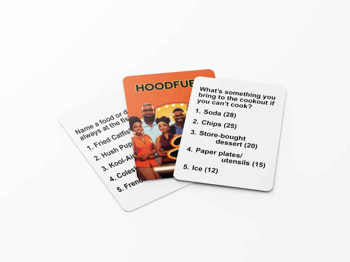 HoodFued 2 cards featuring music and slang questions spark conversation.