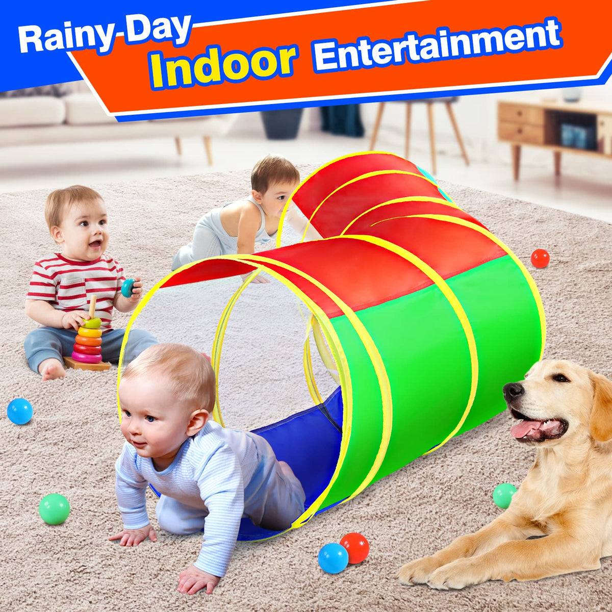 Hoohtoot Pop-Up Tunnel folds into carrying bag for easy storage.