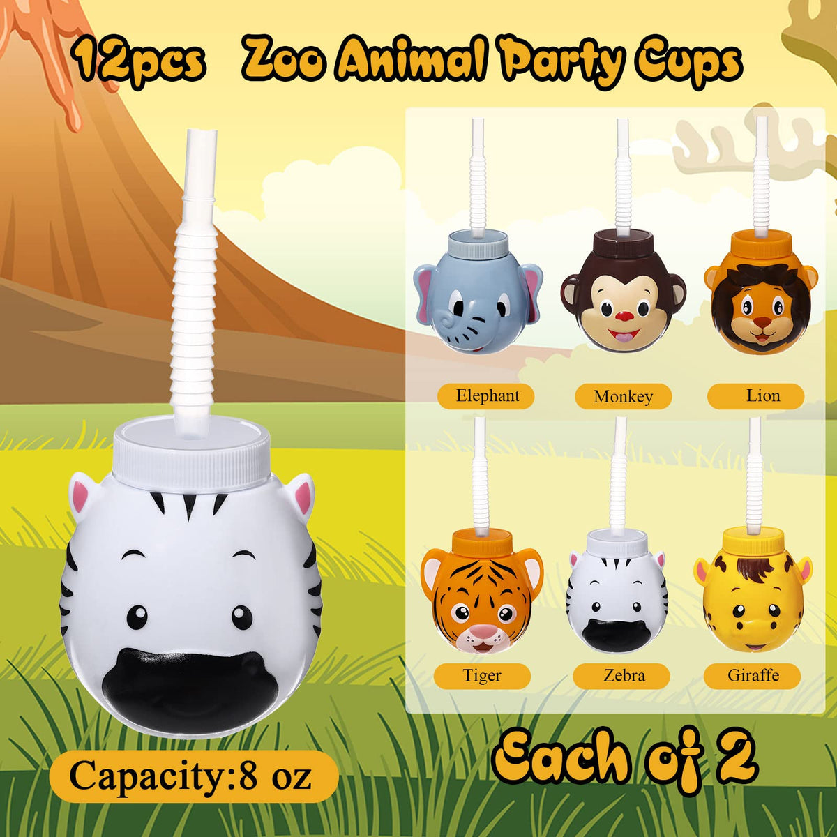 Hoolerry zoo cups with monkeys, durable plastic for kids' celebrations.