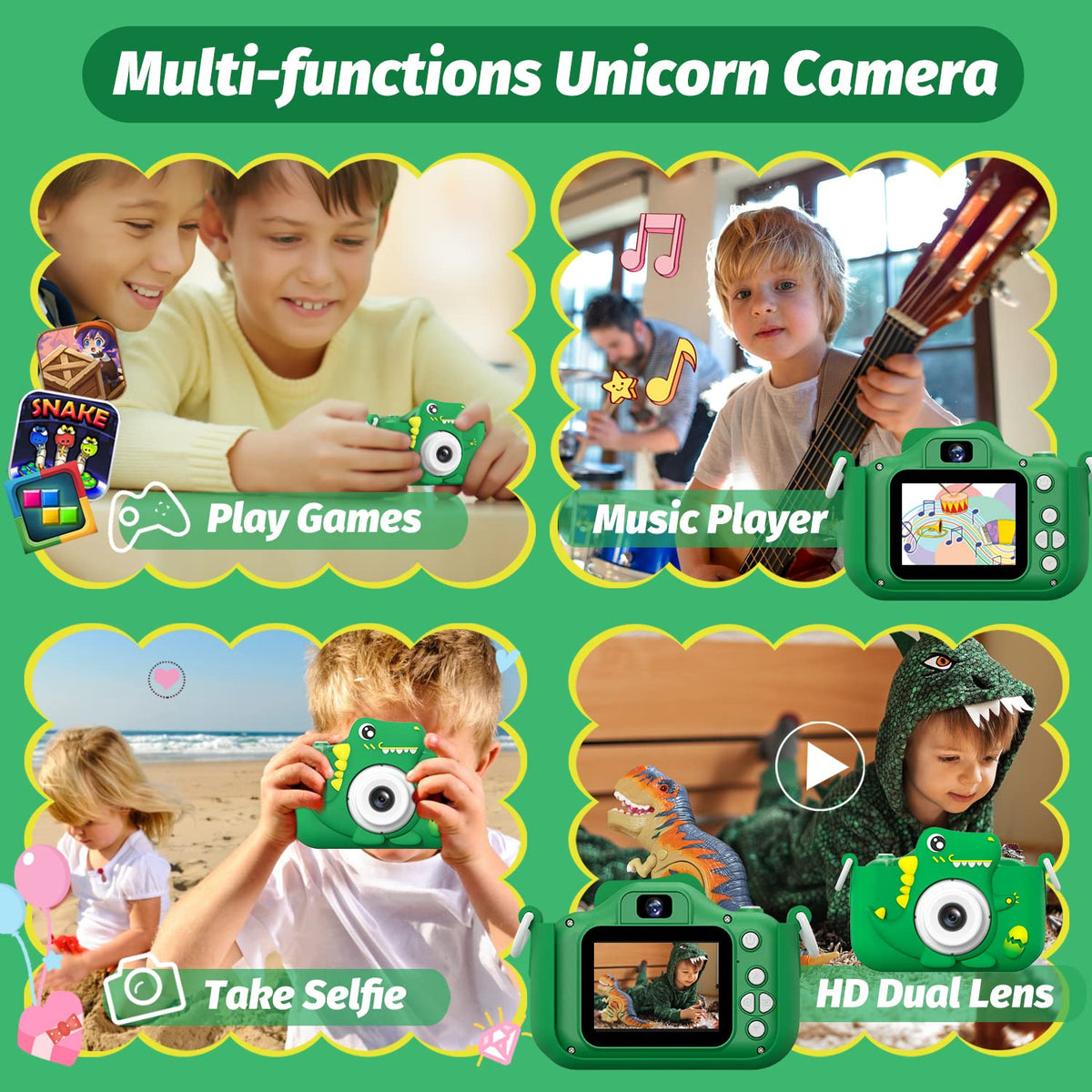 HOOMOON dinosaur kids camera dual-camera setup for easy selfies