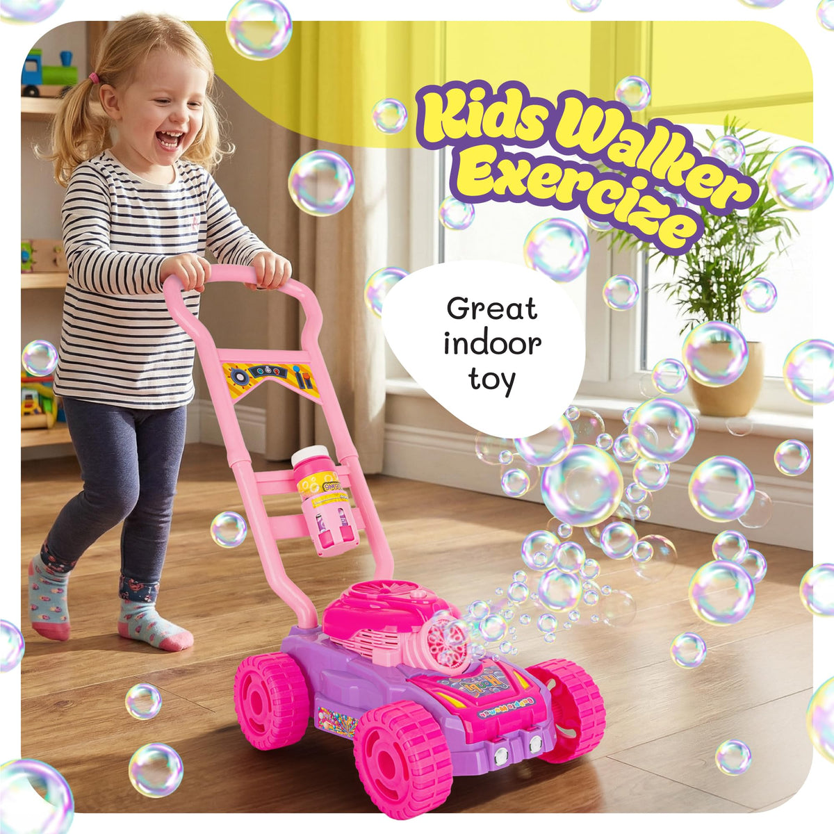 Hoopi Extreme Bubbles lawn mower bottle compartment showing easy-access spill-resistant design.