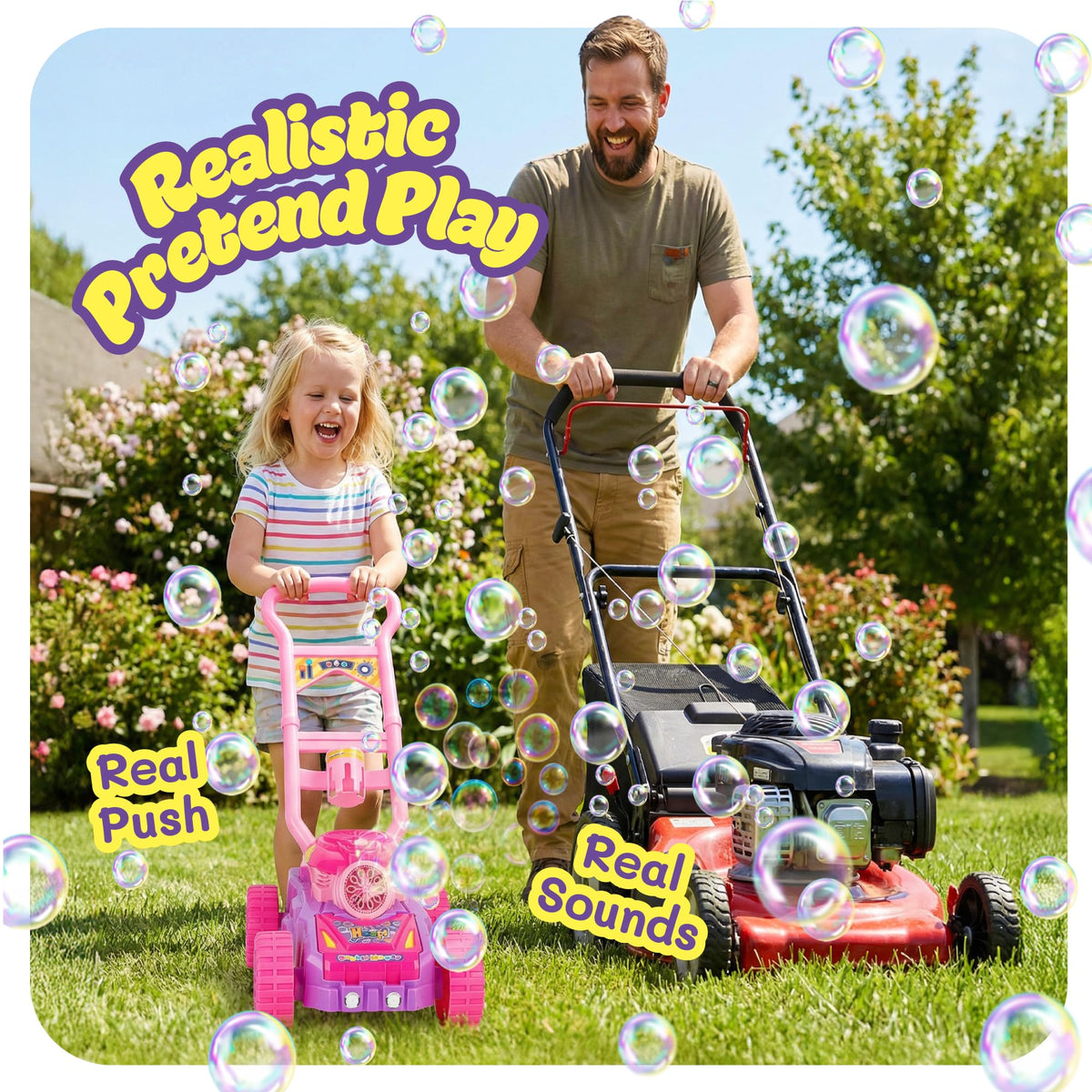 Hoopi Extreme Bubbles lawn mower bubble stream in action for lively outdoor fun.