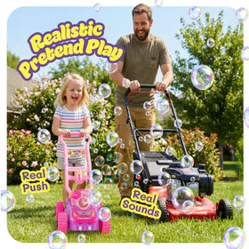 Hoopi Extreme Bubbles lawn mower bubble stream in action for lively outdoor fun.