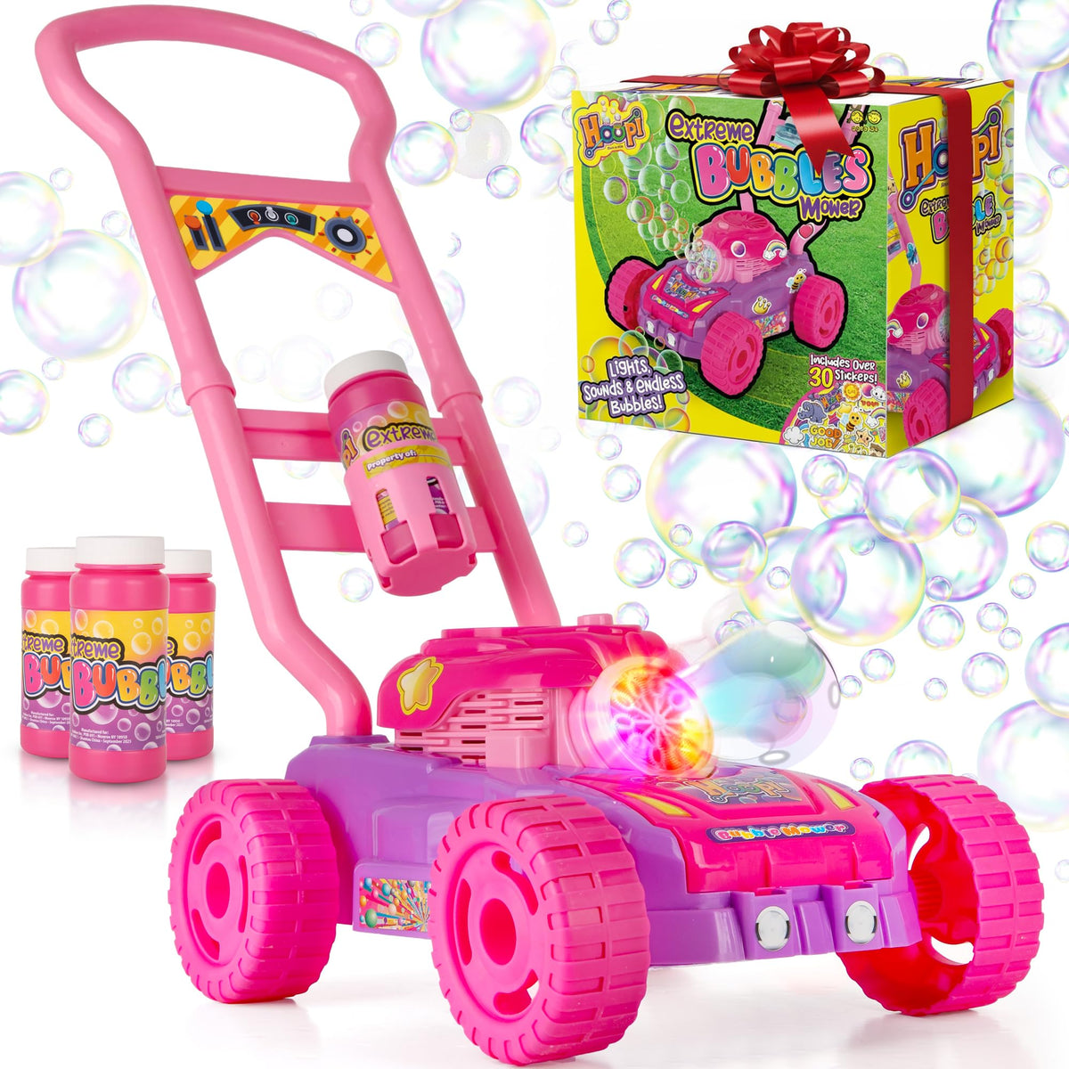 Hoopi Extreme Bubbles lawn mower front view with vibrant bubble output for outdoor play.