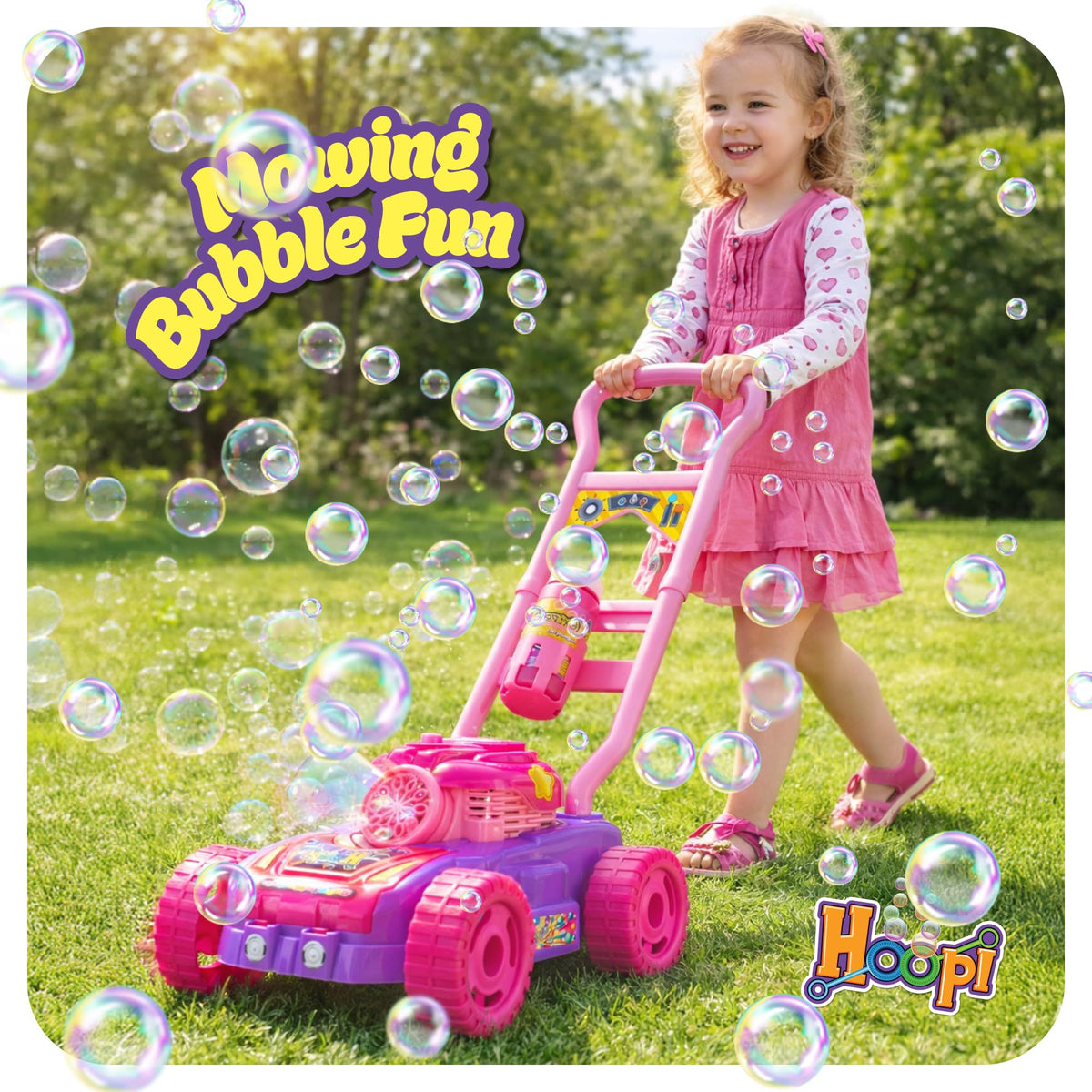 Hoopi Extreme Bubbles lawn mower side view showing widened handle for easier pushing.