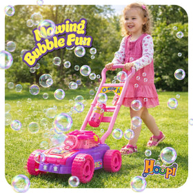 Hoopi Extreme Bubbles lawn mower side view showing widened handle for easier pushing.