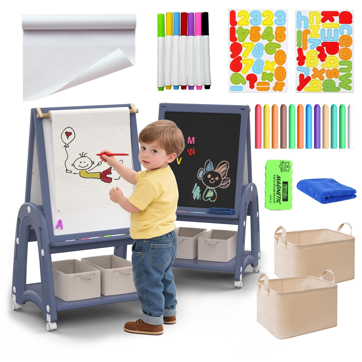 Hoopyosms blue chalkboard easel for kids promotes mess-free drawing.