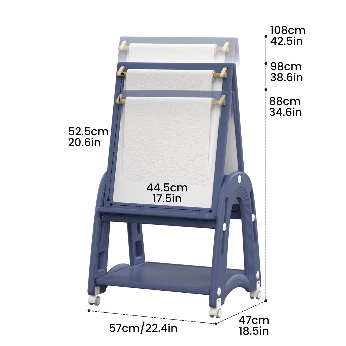 Hoopyosms blue easel with wheels moves easily from room to room.