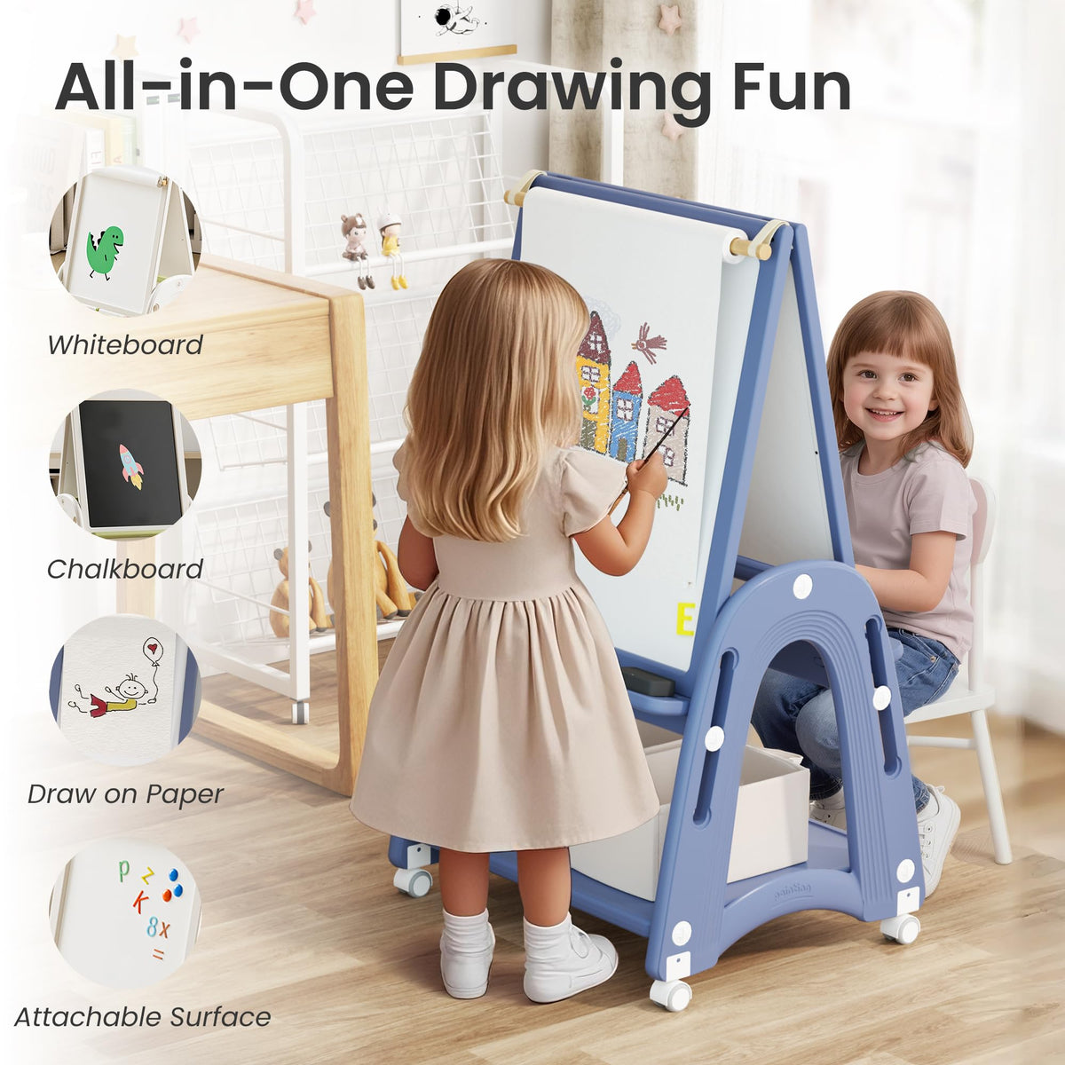 Hoopyosms blue whiteboard surface supports quick notes and practice writing.
