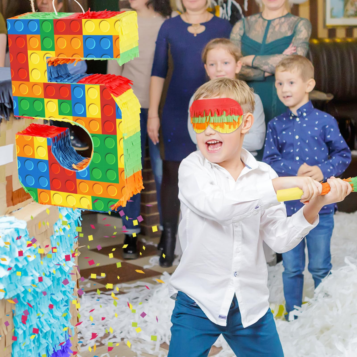 Hooqict pinata hanging view shows vibrant block design for photos.
