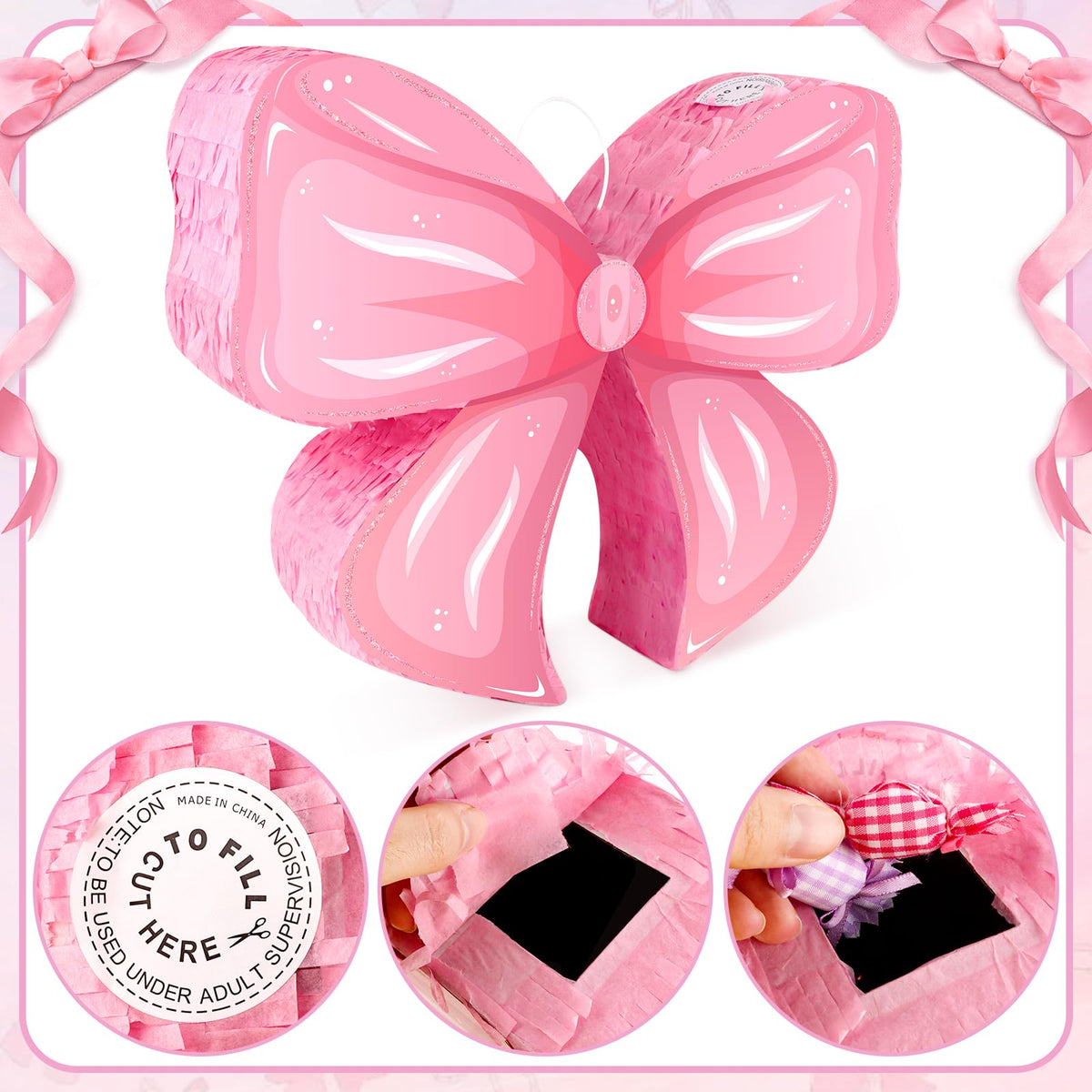 Hooqict pink bow pinata open face showing candy reveal potential