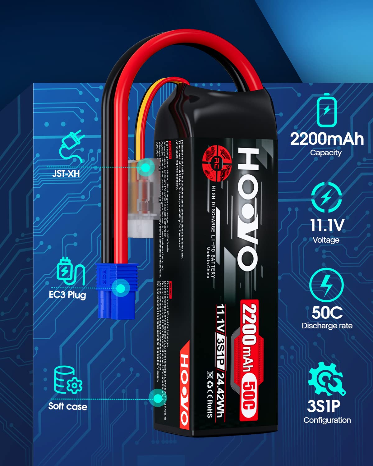 HOOVO 11.1V 50C RC battery with strong discharge for stable throttle.