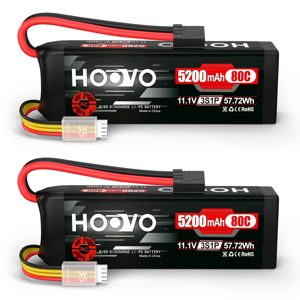 HOOVO 11.1V 5200mAh RC battery close-up, highlighting compact, high-capacity design.