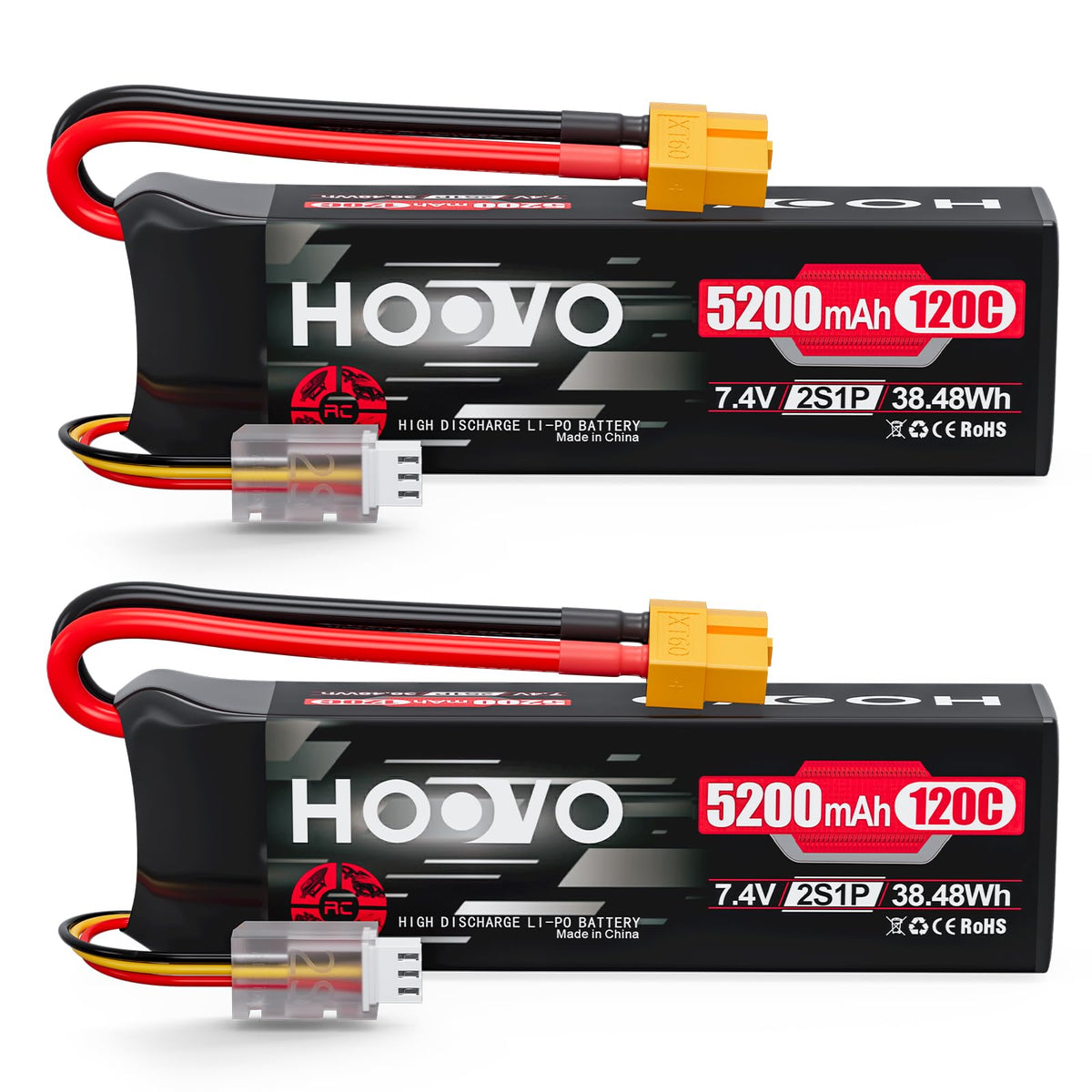 HOOVO 2S 5200mAh RC battery, side view, compact softcase for tight chassis.