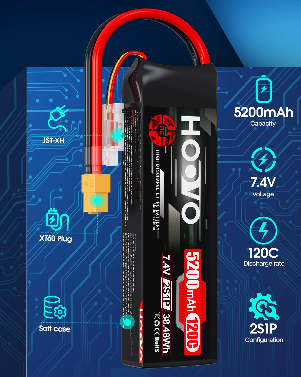 HOOVO 2S 5200mAh RC battery, top view, balanced weight for fit.