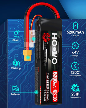 HOOVO 2S 5200mAh RC battery, top view, balanced weight for fit.