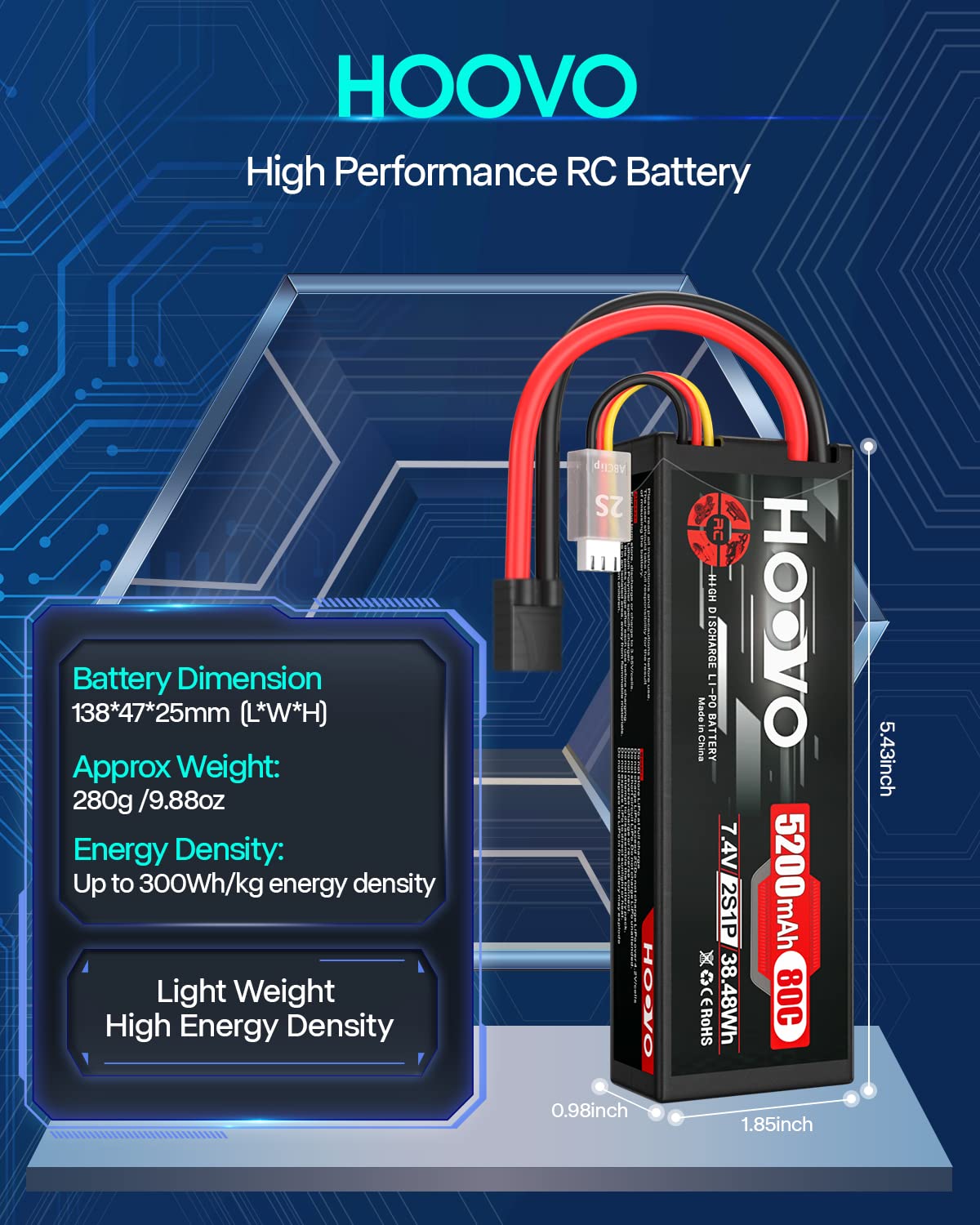 HOOVO 2S Lipo Battery weight of 280g for balanced installation