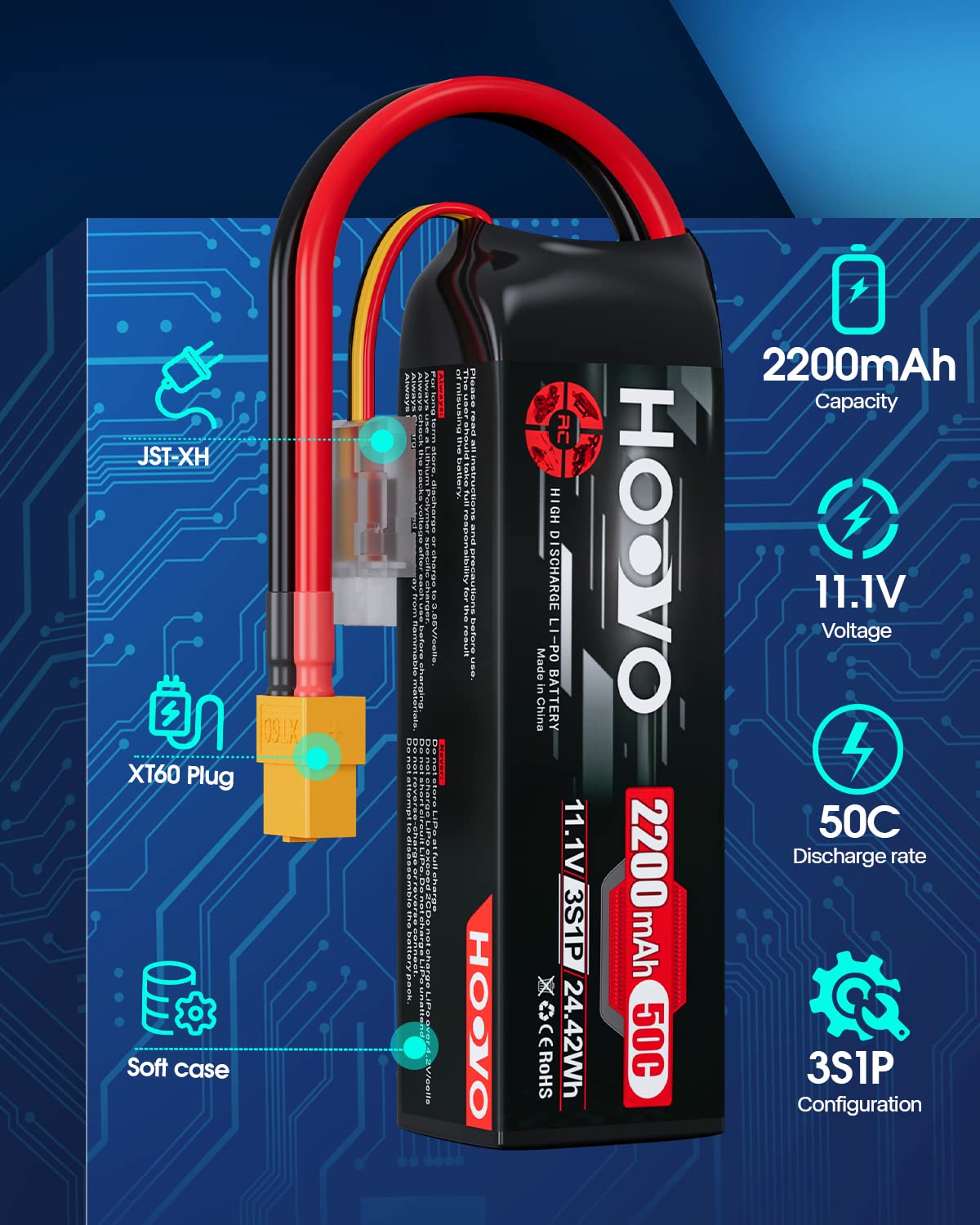 HOOVO 3S LiPo battery close-up showing XT60 and connectors.