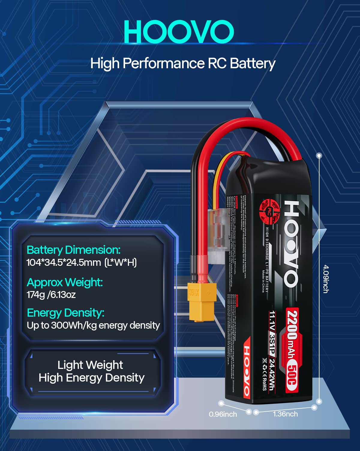 HOOVO 3S LiPo battery dimensions displayed for fitment.