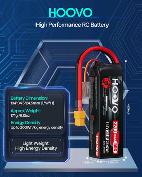 HOOVO 3S LiPo battery dimensions displayed for fitment.