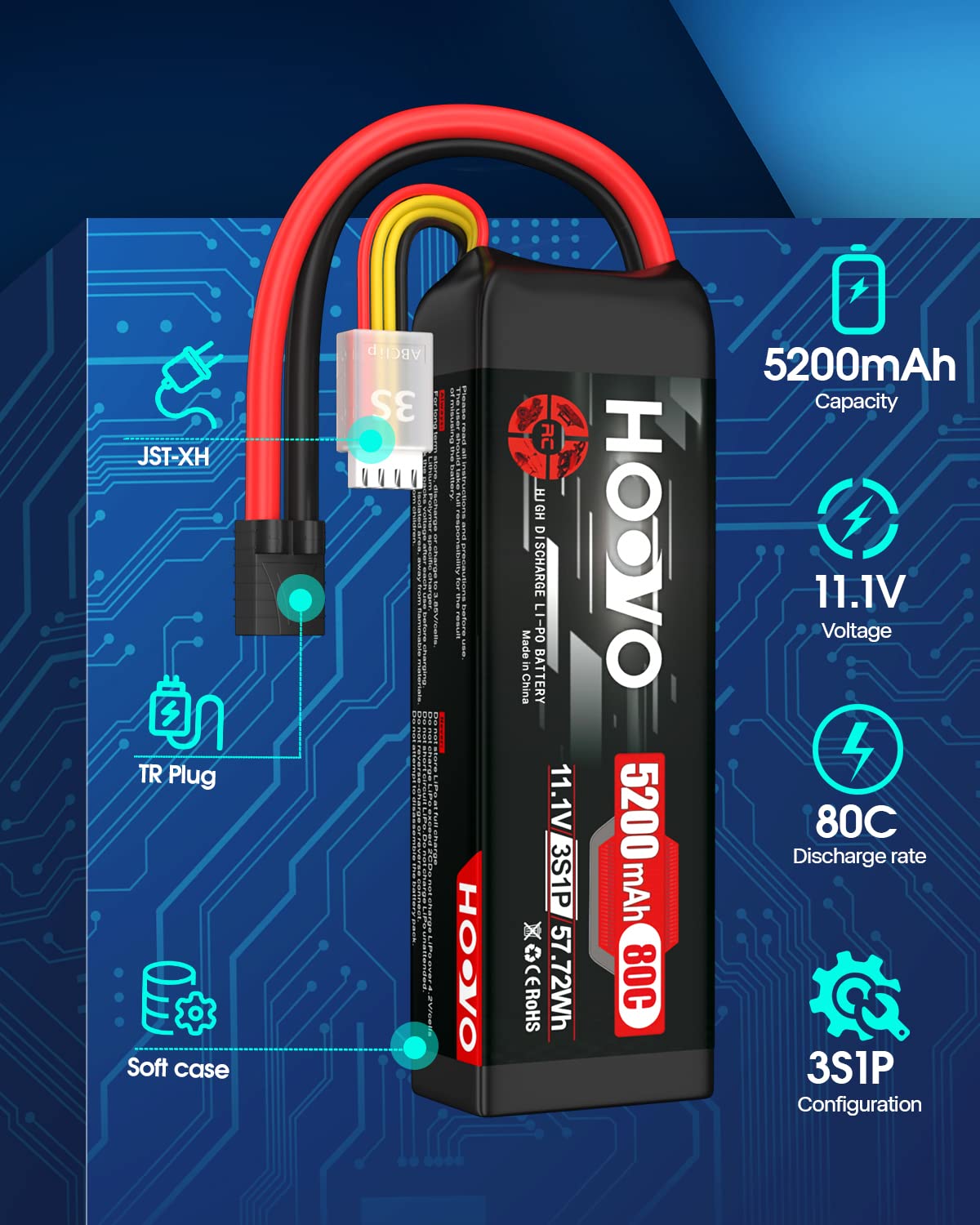 HOOVO 3S LiPo dimensions shown to fit RC cars and boats.
