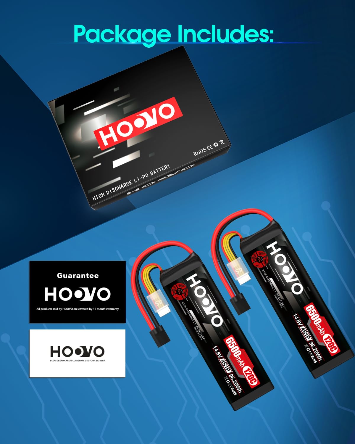 Safety guidance included for charging and storage with HOOVO packs.